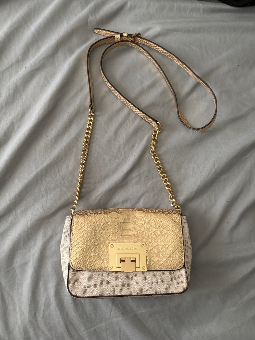 Michael Kors Gold Metallic & Beige Monogram Crossbody